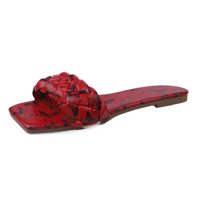 Classic Butterfly Printed Braid Strap Designed Slide - Red - Obeezi.com