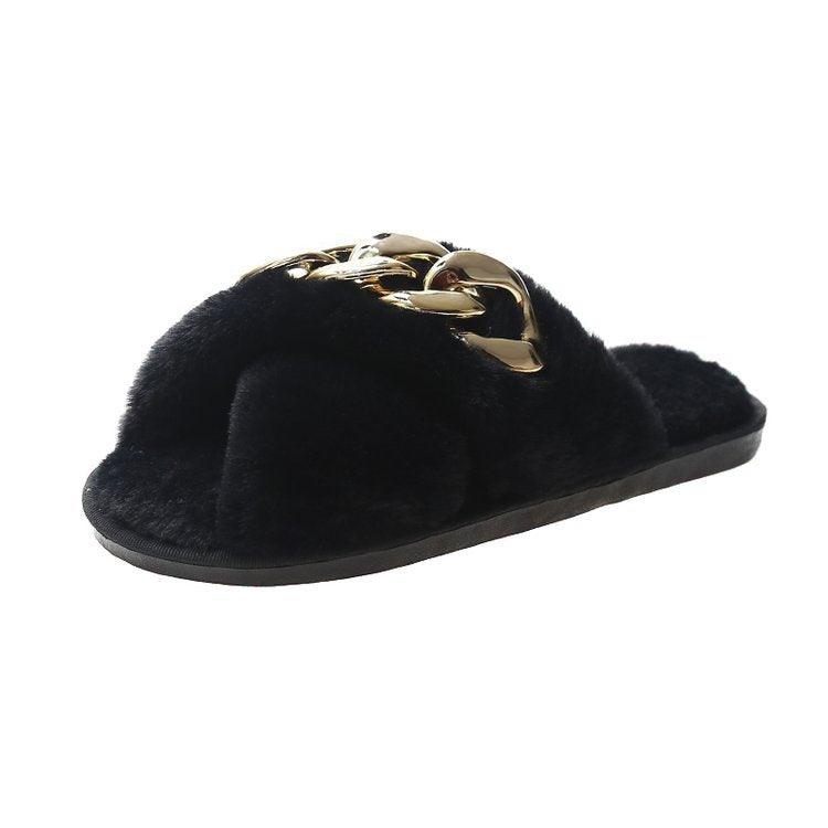 Classic Cross Fur Designed Black Slipper - Obeezi.com