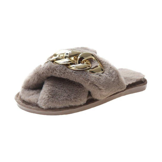 Classic Cross Fur Designed Brown Slipper - Obeezi.com