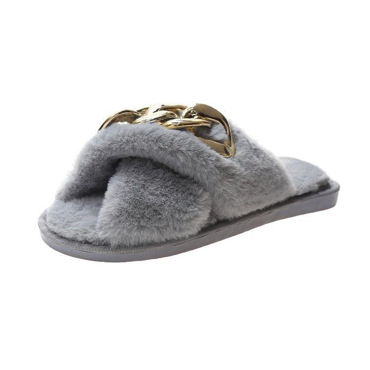 Classic Cross Fur Designed Grey Slipper - Obeezi.com