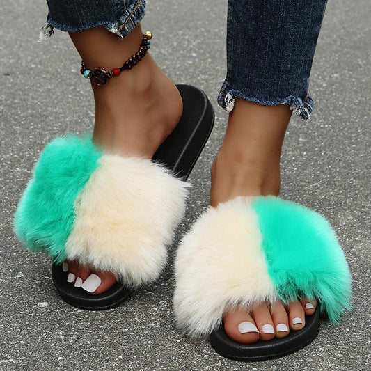 Classic Fur Designed Women's Slide Slipper- Green And Cream - Obeezi.com