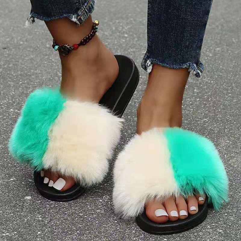 Classic Fur Designed Women's Slide Slipper- Green And Cream - Obeezi.com