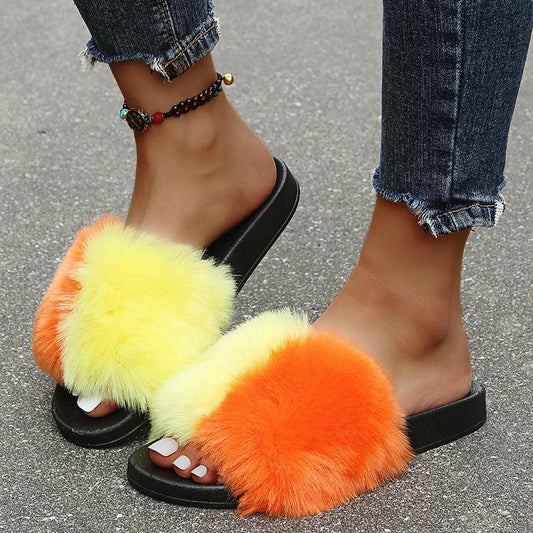 Classic Fur Designed Womens Slide Slipper- Orange And Yellow - Obeezi.com