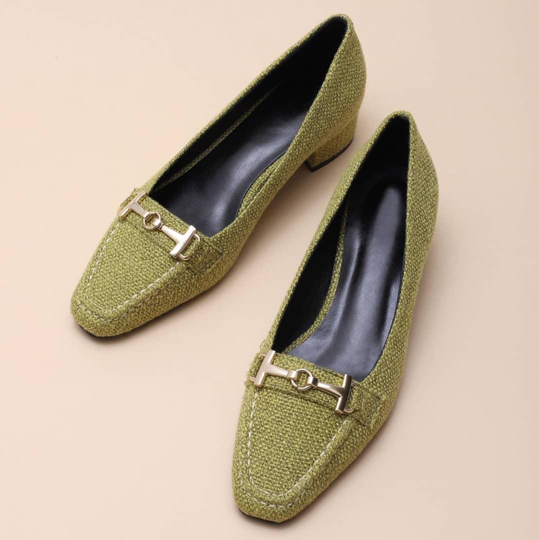 Classic Gold Logo Designed Green Women's Low Heel Shoe - Obeezi.com