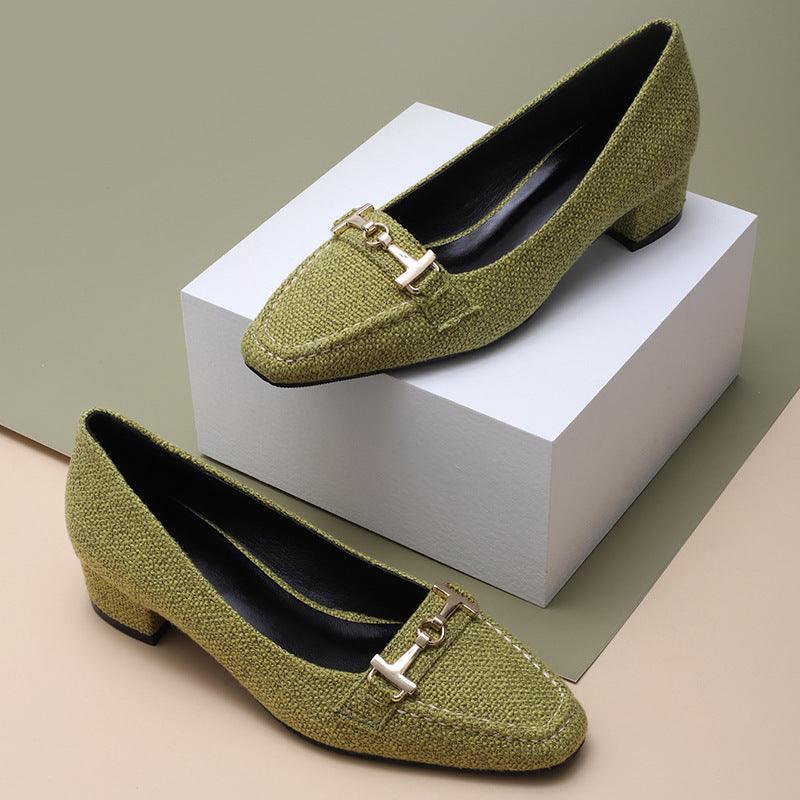 Classic Gold Logo Designed Green Women's Low Heel Shoe - Obeezi.com