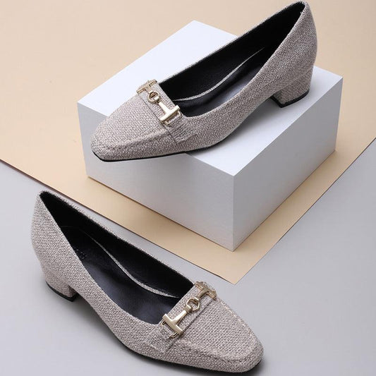 Classic Gold Logo Designed Women's Low Heel Shoe - Obeezi.com