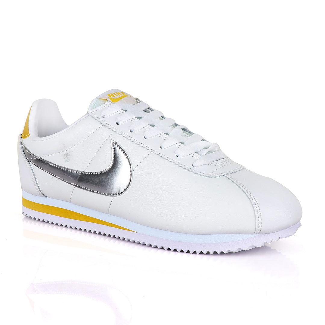 Classic Nk Cortez Prem White and Silver Sneakers - Obeezi
