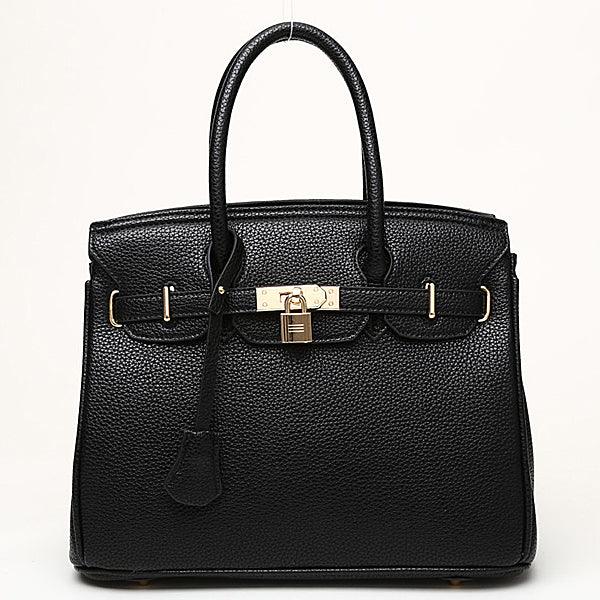 Classic Padlock Buckle Detail Tote Shoulder Hand Bag - Black - Obeezi.com