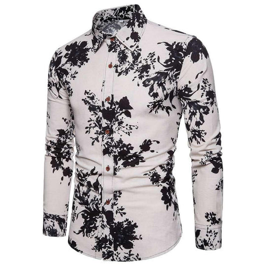 Classic vintage blue Floral Print Long Sleeve Shirt - Obeezi