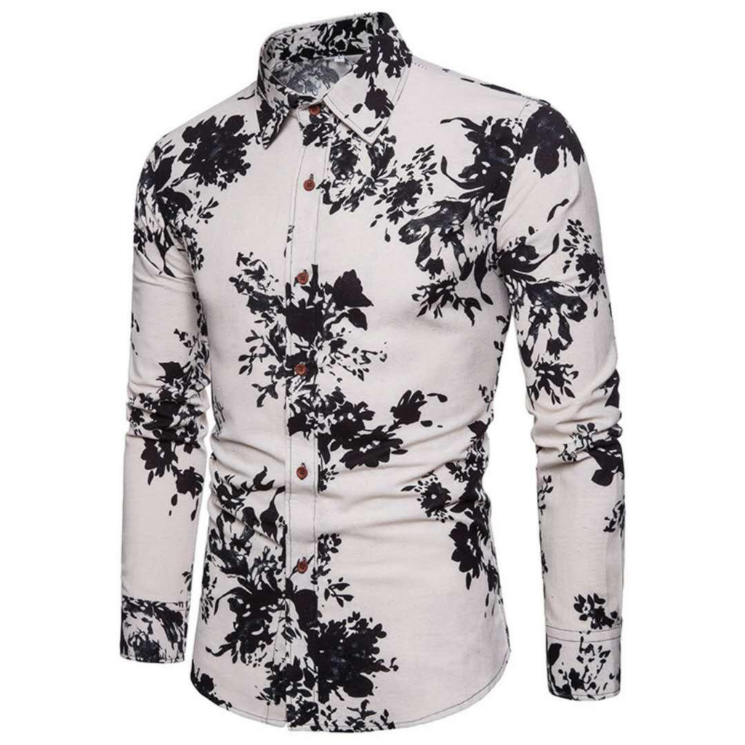 Classic vintage blue Floral Print Long Sleeve Shirt - Obeezi
