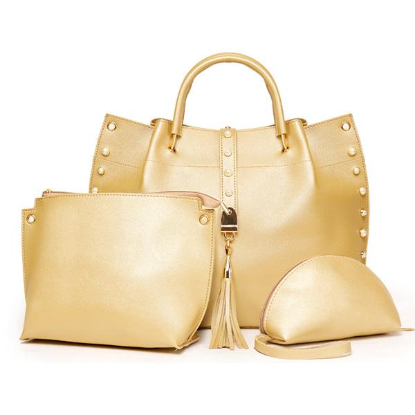 Classy Leather Luxury Design 3pcs Woman Apricot Handbag - Obeezi.com