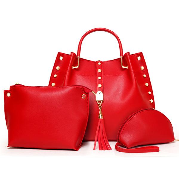 Classy Leather Luxury Design 3pcs Woman Red Wine Handbag - Obeezi.com