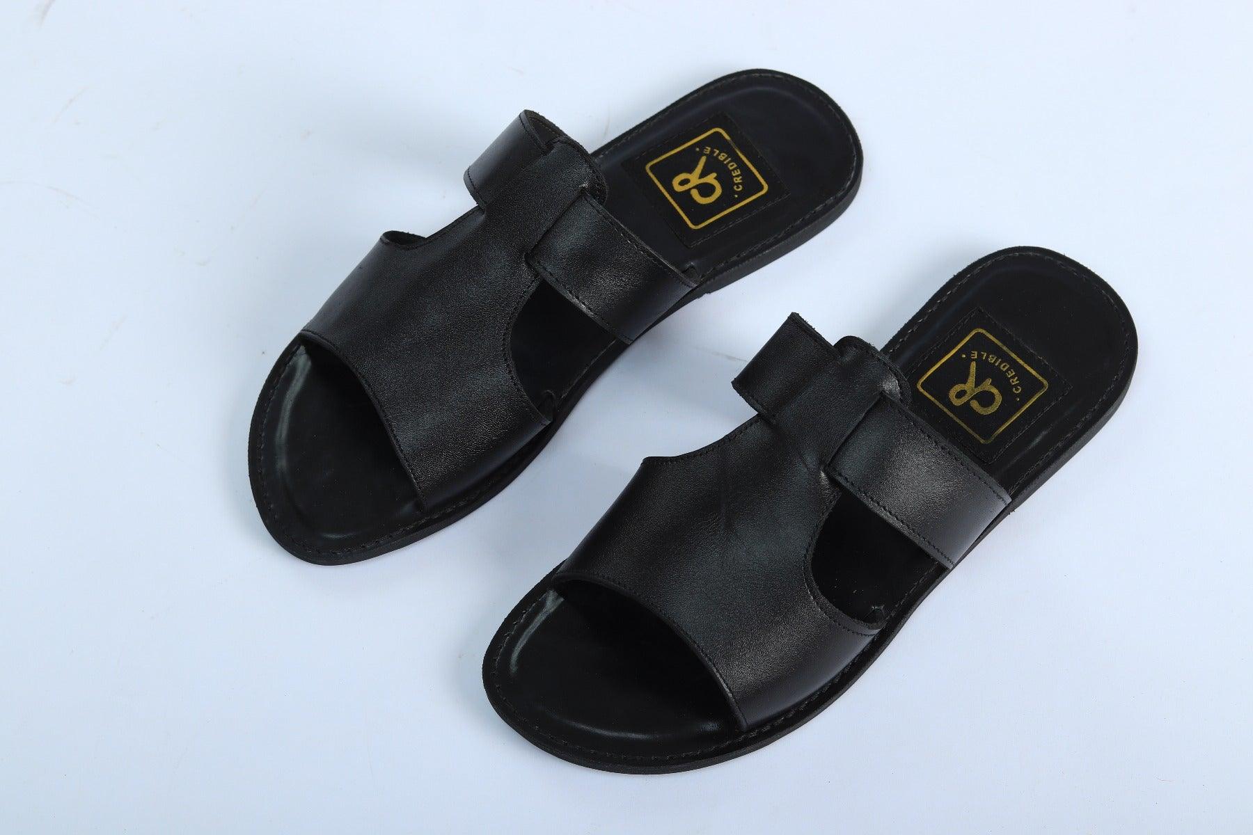Credible Black Leather Comfortable Insoles Handmade Slippers - Obeezi