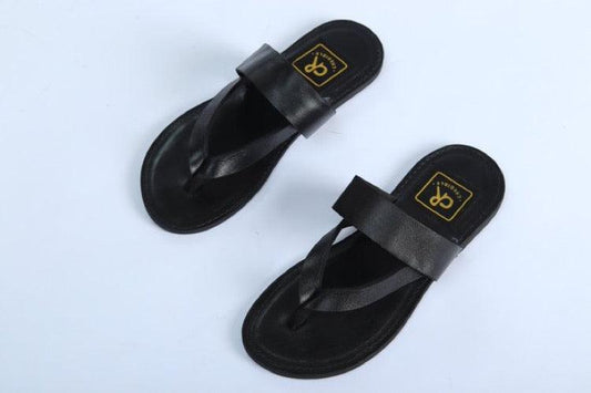 Credible Black Leather Strapped Divided Toe Handmade Slippers - Obeezi