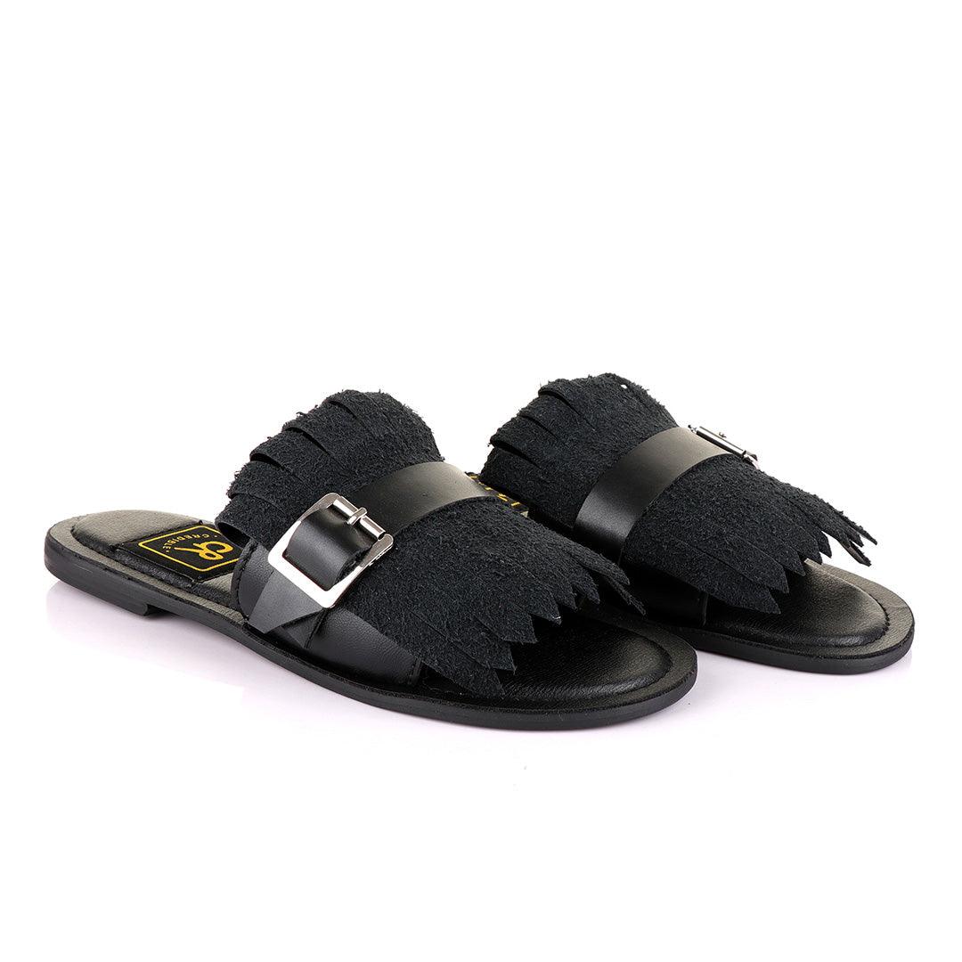 Credible Crown Black Head Unisex Leather Black Slippers - Obeezi