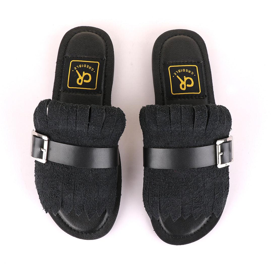 Credible Crown Black Head Unisex Leather Black Slippers - Obeezi