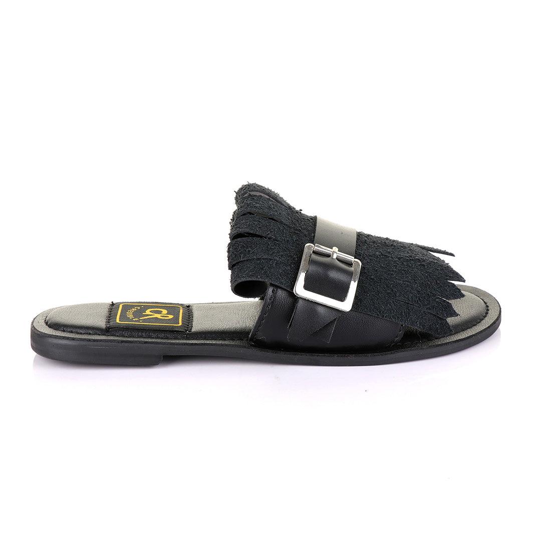 Credible Crown Black Head Unisex Leather Black Slippers - Obeezi