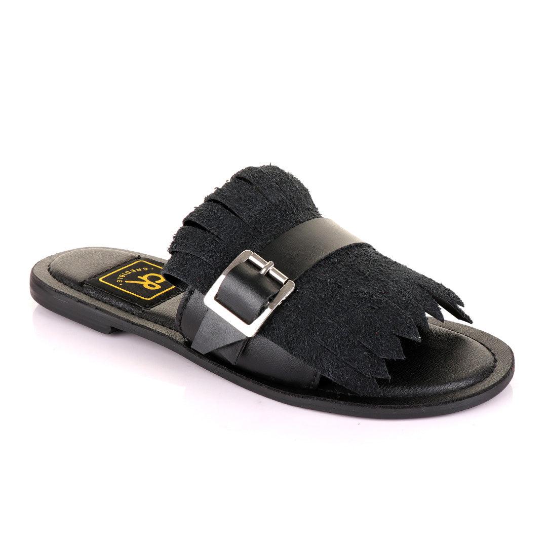 Credible Crown Black Head Unisex Leather Black Slippers - Obeezi
