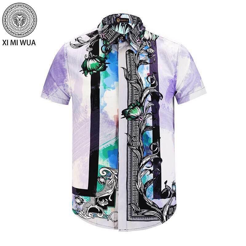Crucifix VE Vintage Print Silk Purple short sleeve shirt - Obeezi
