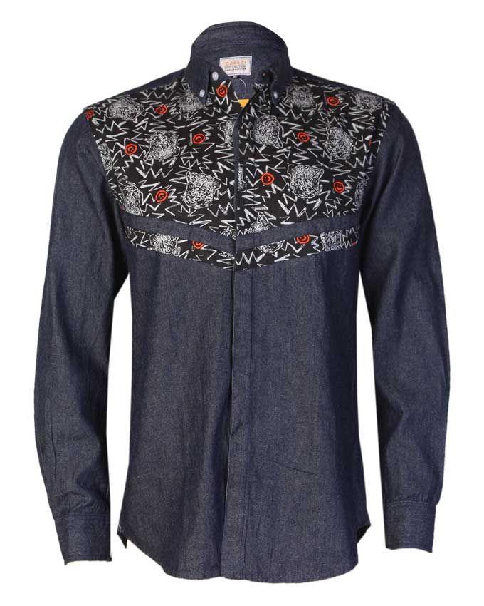 Denim Mid-V Casual with Orange Smiley Shirt-Blue - Obeezi