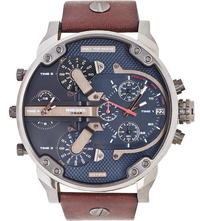 Diesel DZ7314 Mr Daddy Dual Time Chronograph Navy Blue Dial Leather Men's Watch - Obeezi.com