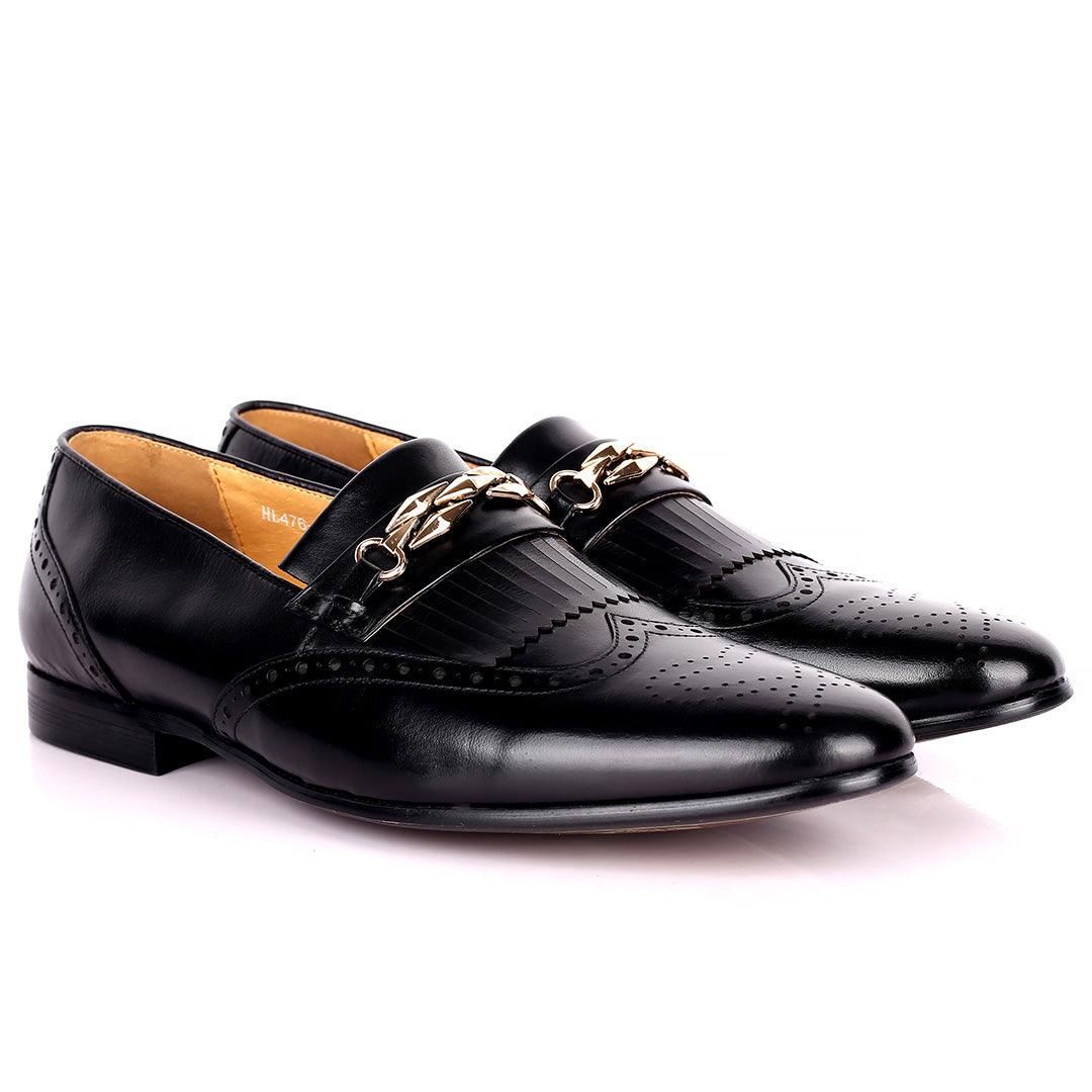 Dino Verratti Comfort Black Leather Fringe Chain Logo Designed Men's Shoes - Obeezi.com
