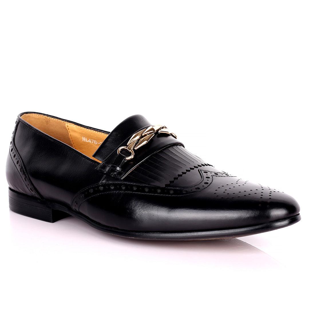 Dino Verratti Comfort Black Leather Fringe Chain Logo Designed Men's Shoes - Obeezi.com