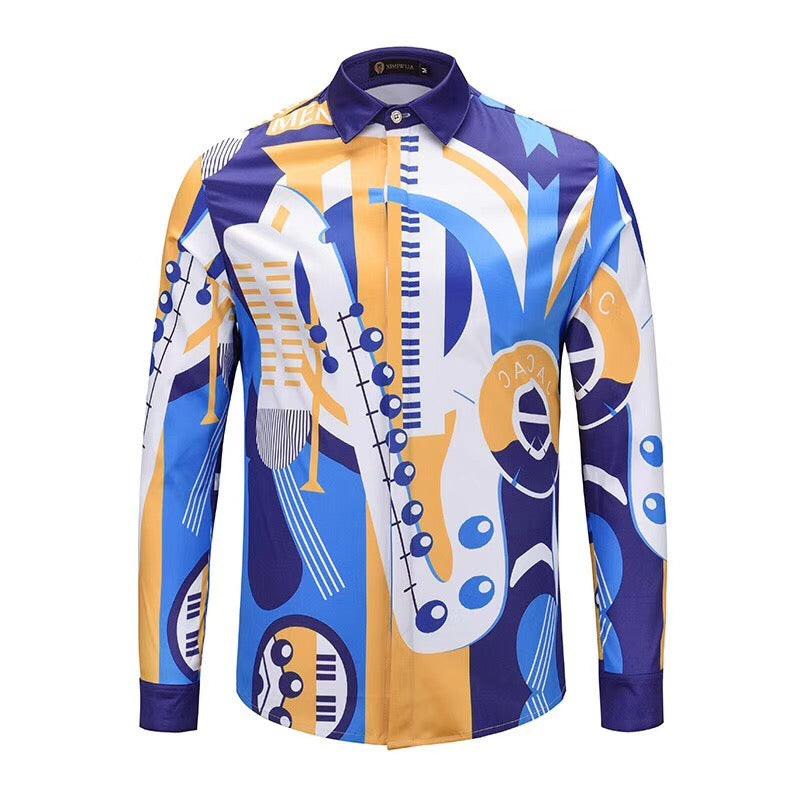 Dolce and Cabbana Button Down Printing Blue Yellow Men's Long Sleeved Shirt - Obeezi