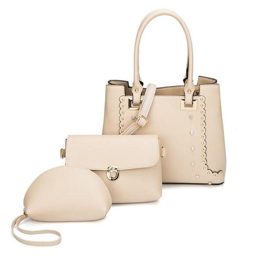 Dreubea 3 in 1 Women's Leather With Details HandBag Cream - Obeezi.com