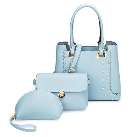 Dreubea 3 in 1 Women's Leather With Details HandBag Light Blue - Obeezi.com