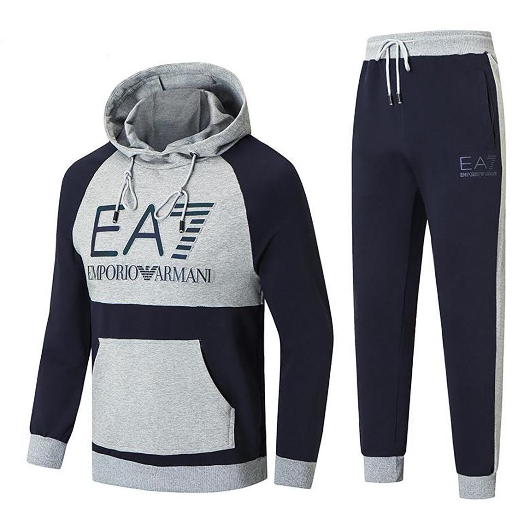 EA7 Men's Hooded Full Front Designed Tracksuit Set-Grey Black - Obeezi.com