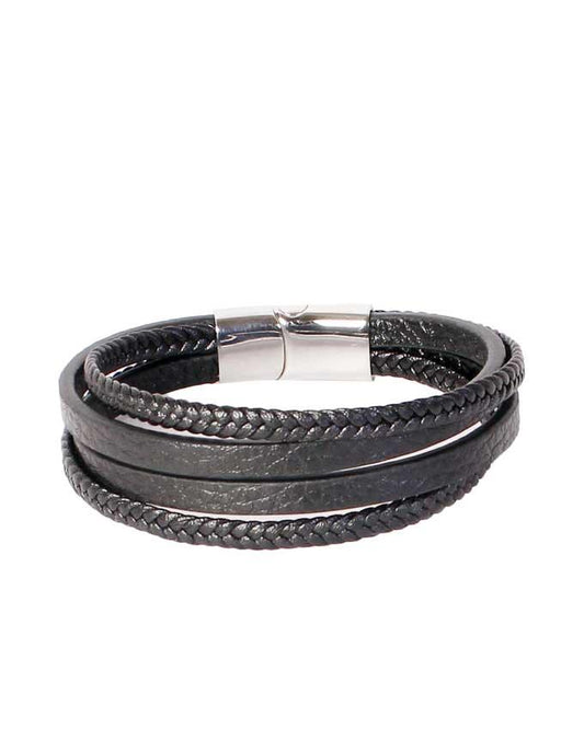 Edforce Unisex Triple Strand Woven Leather Black Bracelet - Obeezi.com