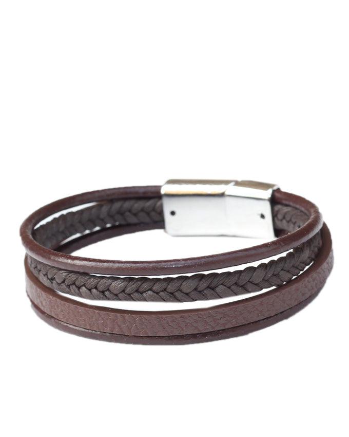 Edforce Unisex Triple Strand Woven Leather Brown Bracelet - Obeezi.com