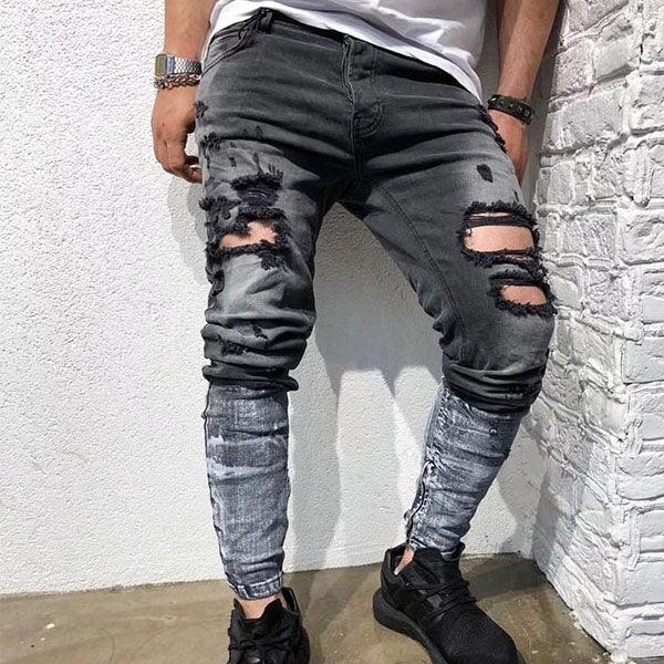 Eianz Fashion Voguo Ripped Half Color Straight Cut Grey Jeans - Obeezi