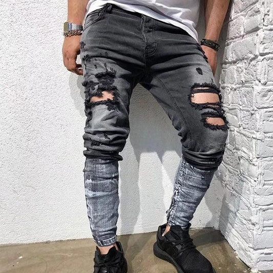 Eianz Fashion Voguo Ripped Half Color Straight Cut Grey Jeans - Obeezi