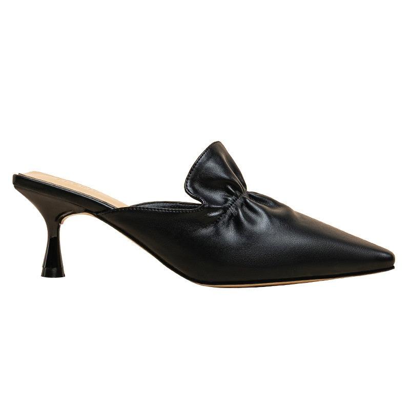 Exquisite Front Folded Designed Black Women's Leather Heel - Obeezi.com