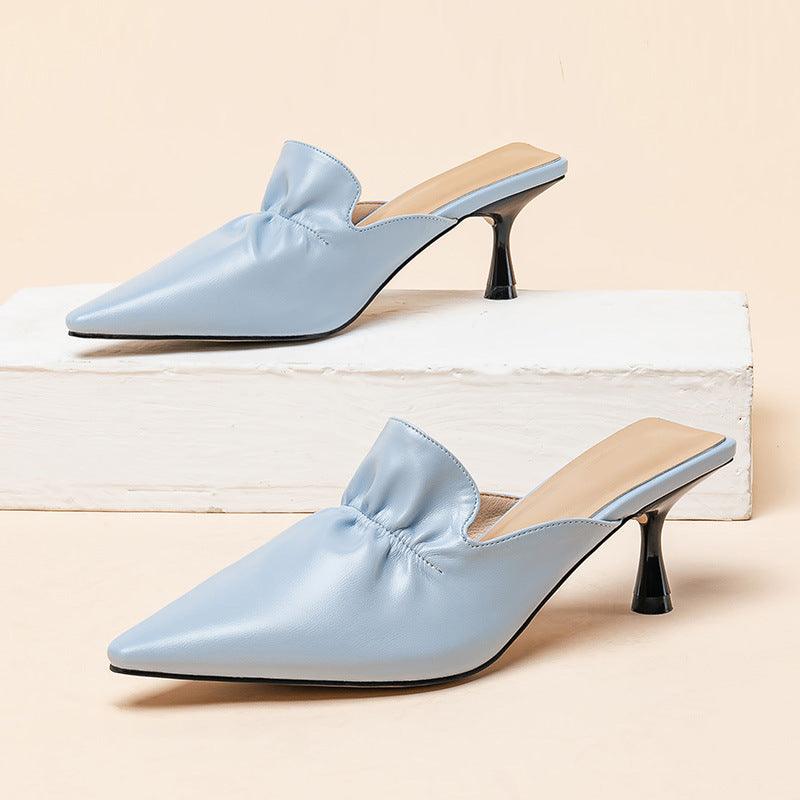 Exquisite Front Folded Designed Blue Women's Leather Heel - Obeezi.com