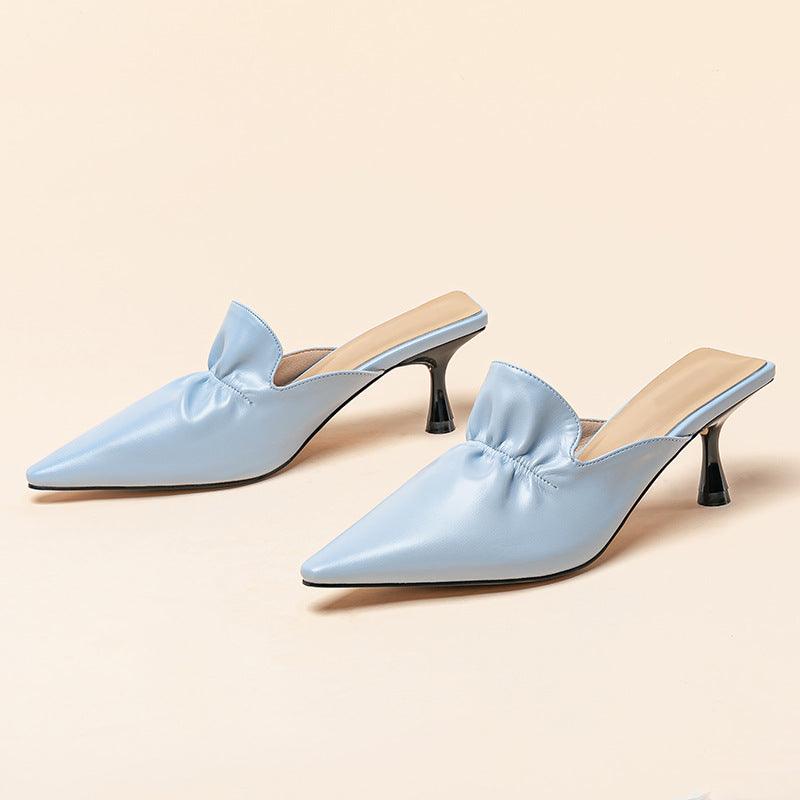 Exquisite Front Folded Designed Blue Women's Leather Heel - Obeezi.com