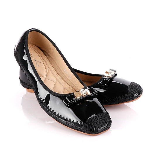 Fashionable Classic Crested Black Gloss Women's Flat Shoe - Obeezi