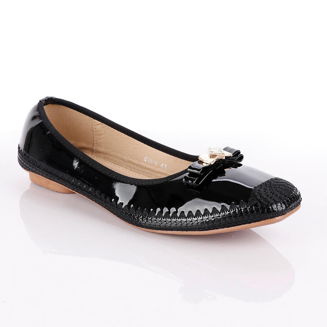 Fashionable Classic Crested Black Gloss Women's Flat Shoe - Obeezi