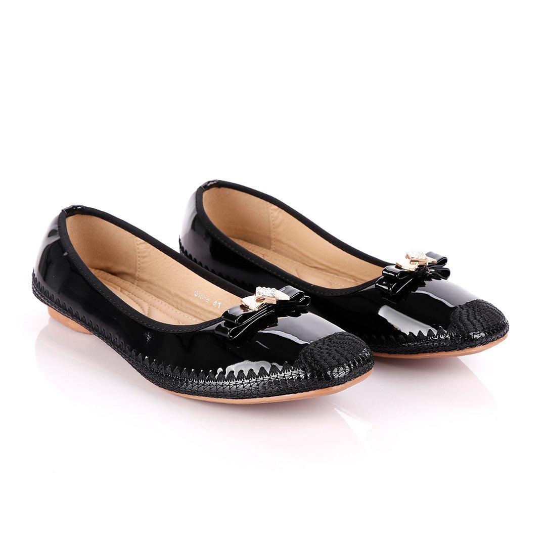 Fashionable Classic Crested Black Gloss Women's Flat Shoe - Obeezi