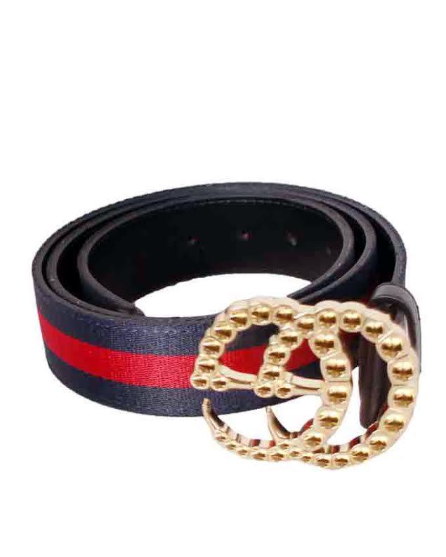 Faux-Pearl Embellished Web Belt Navyblue and Red - Obeezi.com
