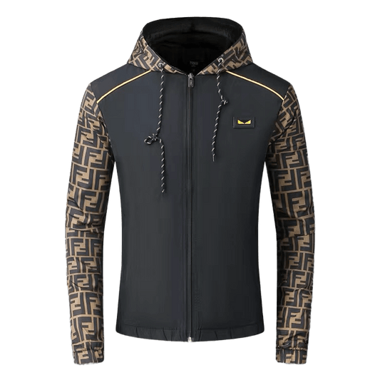 FD Full Hand Logo Designed Polythene Zip Down Hoodie Jacket- Black - Obeezi.com