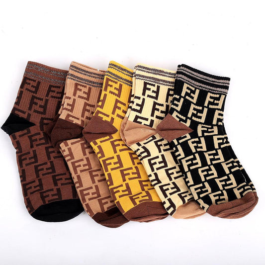 Fend 5 In 1 Cotton FF Logo Designed Multi Coloured Socks - Obeezi.com