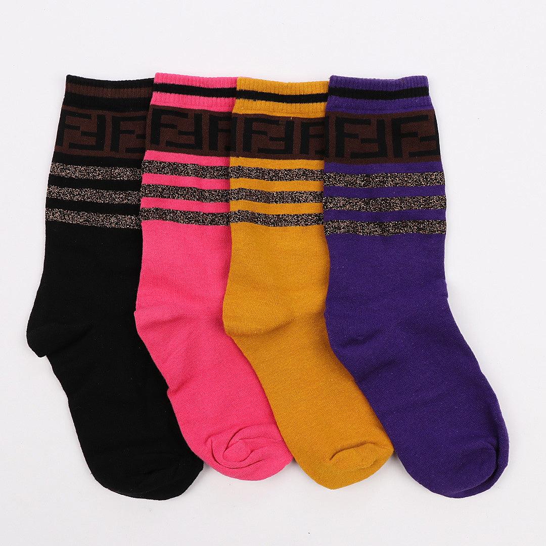 Fendi 4 in 1 Pack Purple Pink Yellow Black Socks - Obeezi.com