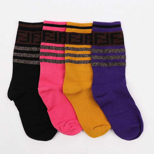 Fendi 4 in 1 Pack Purple Pink Yellow Black Socks - Obeezi.com
