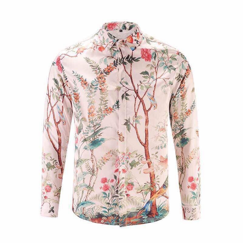 Floral-Print Bonded Longsleeve Shirt -White - Obeezi