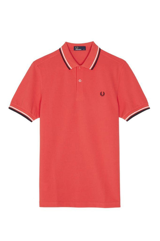 Fred Perry White and Black Striped Collar Polo- Orange - Obeezi