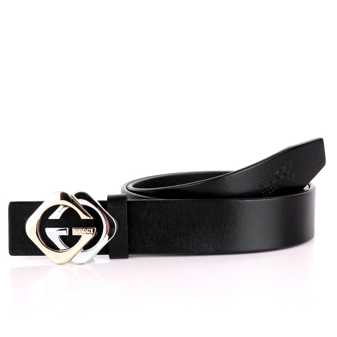 GC Classic Silver And Gold Logo Designed Black Leather Men's Belt - Obeezi.com