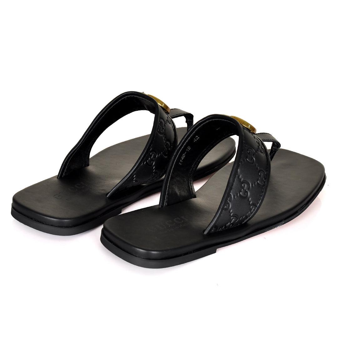 GC Created Leather Gold Logo Slippers- Black - Obeezi.com